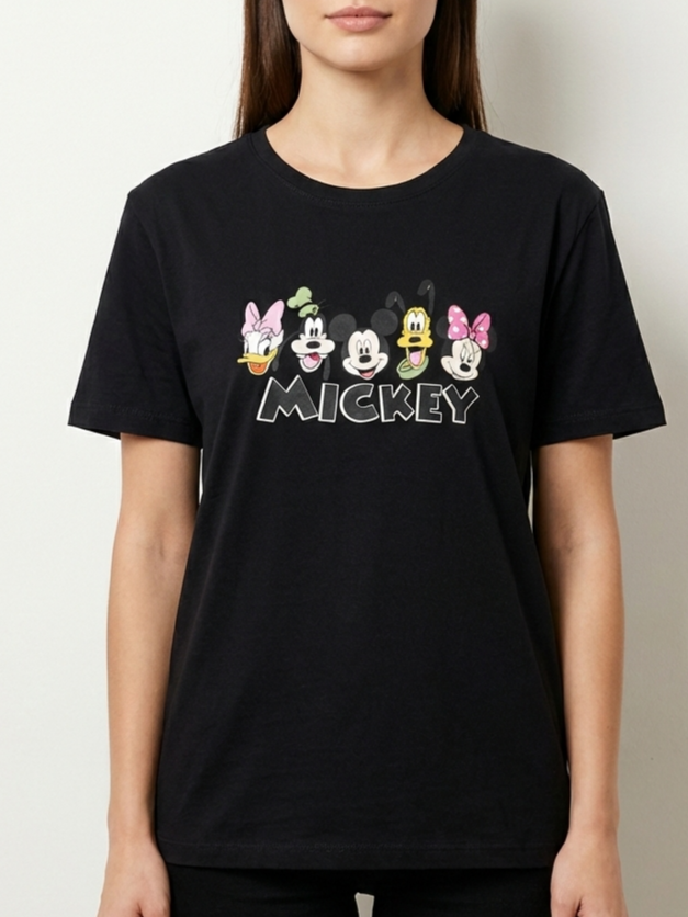 تیشرت زنانه نخ پنبه قواره آزاد آستین کوتاه فری سایز طرح میکی فمیلی