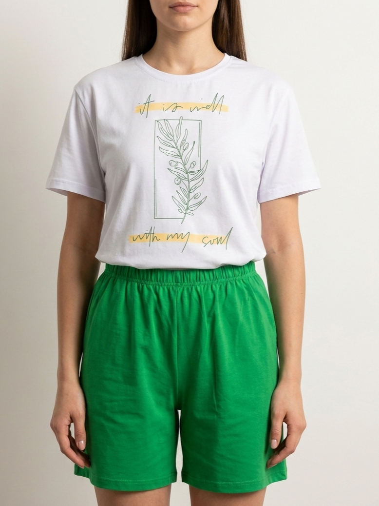 ست تیشرت و شورتک نخ پنبه سوپر زنانه آستین کوتاه فری سایز طرح برگ