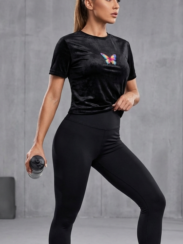 تیشرت زنانه کبریتی پنبه آستین کوتاه فری سایز طرح پروانه