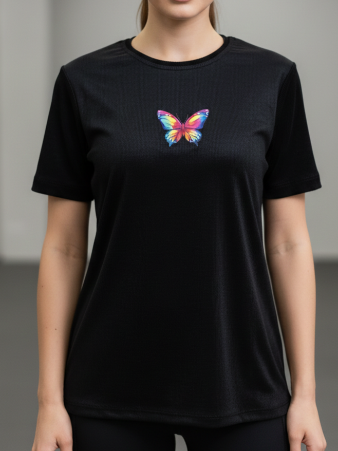 تیشرت دخترانه کبریتی پنبه آستین کوتاه فری سایز طرح پروانه